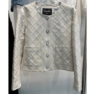 CHANEL Ivory Quilted LAMBSKIN Leather Jacket CC rhinestone buttons